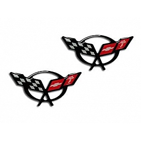 American Car Craft Emblem - C5 Crossed Flag Raised Design Red/ Black/ White Vinyl - 032057