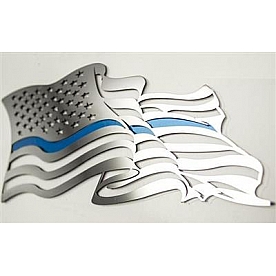 American Car Craft Emblem - Flowing American Flag Thin Blue Line Stainless Steel - 142051