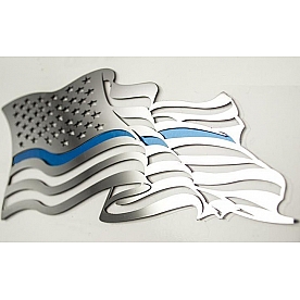 American Car Craft Emblem - Flowing American Flag Thin Blue Line Stainless Steel - 142055
