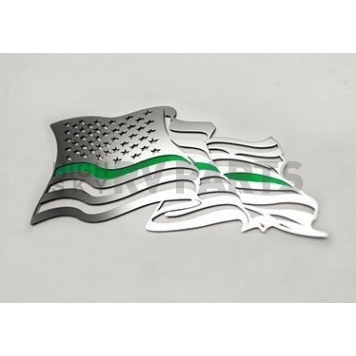 American Car Craft Emblem - Flowing American Flag Thin Green Line Stainless Steel - 142049