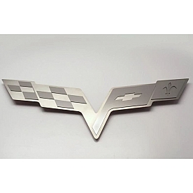 American Car Craft Emblem - Hood Badge C6 Crossed Flags Badge Silver Stainless Steel - 043113