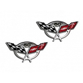 American Car Craft Emblem - C5 50th Anniversary Crossed Flag Raised Design Red/ Black/ White Vinyl - 032058