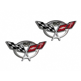 American Car Craft Emblem - C5 50th Anniversary Crossed Flag Raised Design Red/ Black/ White Vinyl - 032058