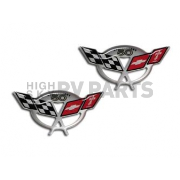 American Car Craft Emblem - C5 50th Anniversary Crossed Flag Raised Design Red/ Black/ White Vinyl - 032058